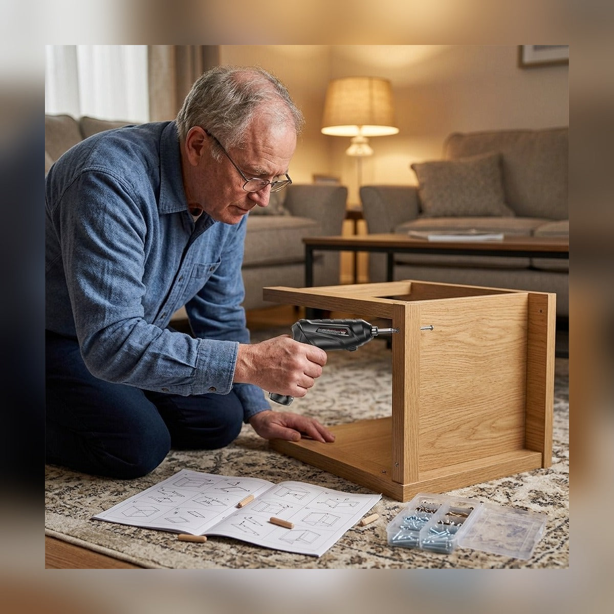 Man assembling a flat-pack nightstand on the living room floor with the Cordless Electric Screwdriver