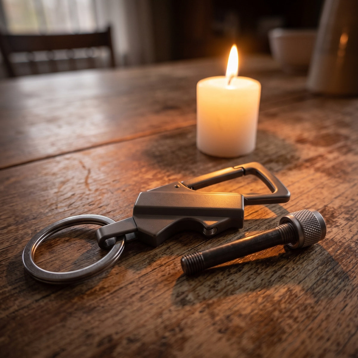 FireStrike fire starter on a kitchen table next to a lit candle during a power outage