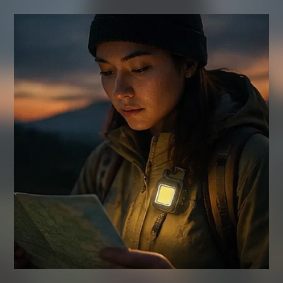 Hiker reading a map by the Keychain Light clipped to her jacket at dusk