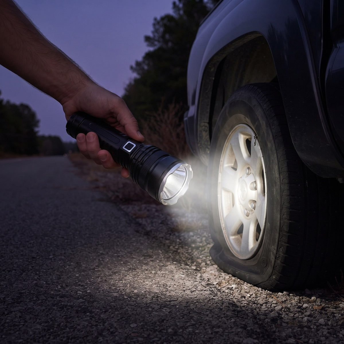 Large LED Flashlight lighting a flat tire on a pickup at a dark roadside