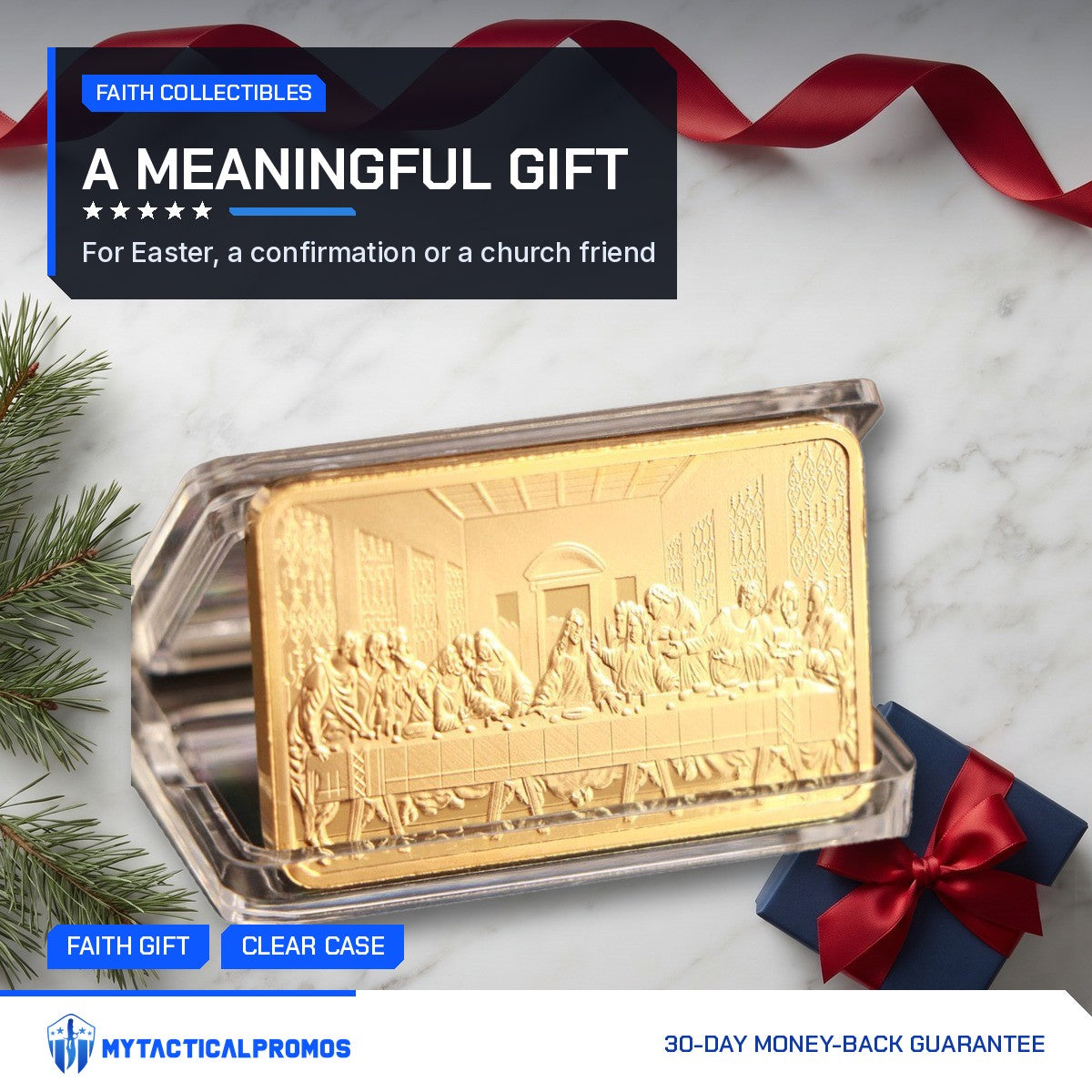 Last Supper gold-plated bar on marble with a gift box and ribbon