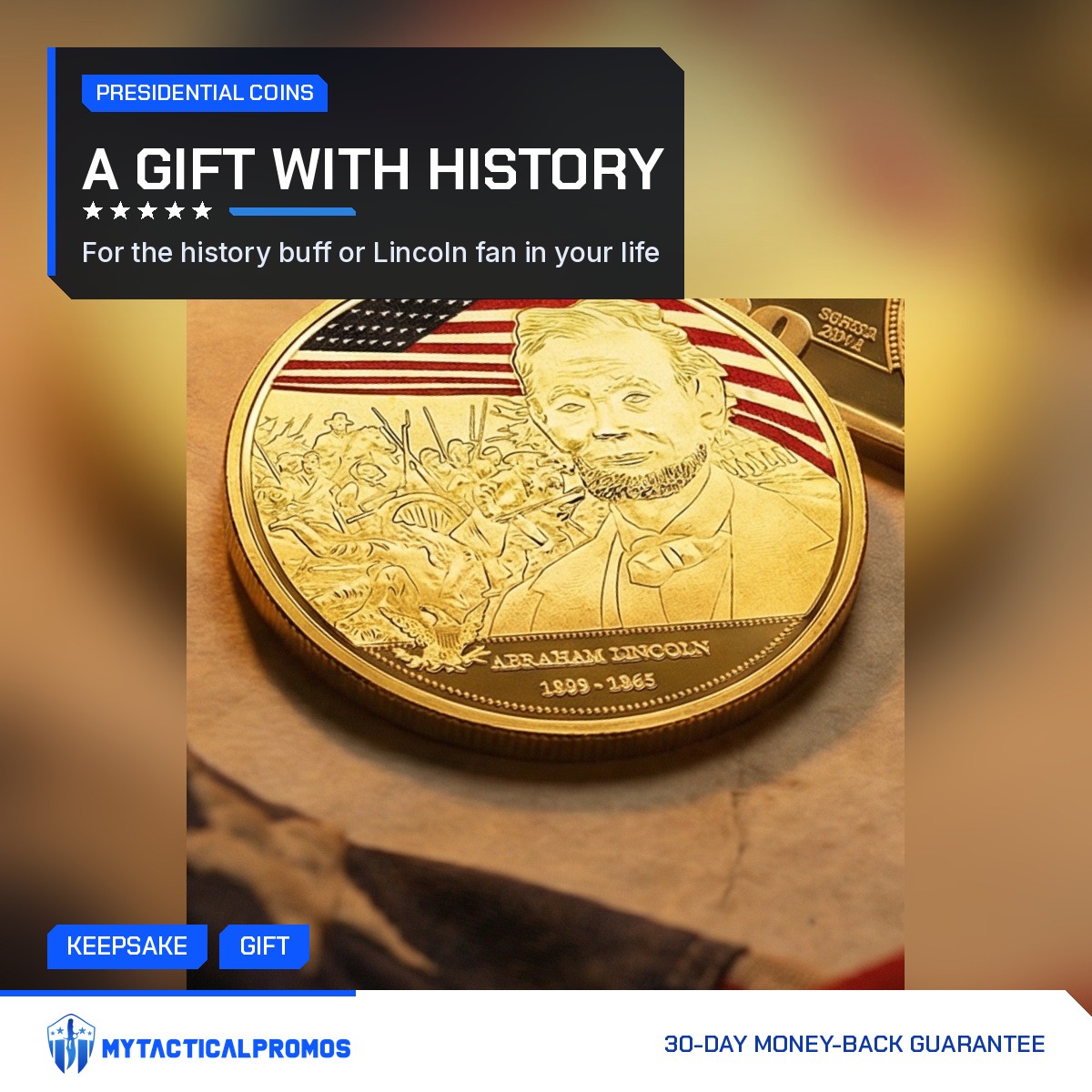 Abraham Lincoln Gold-Plated Coin on parchment with a flag behind