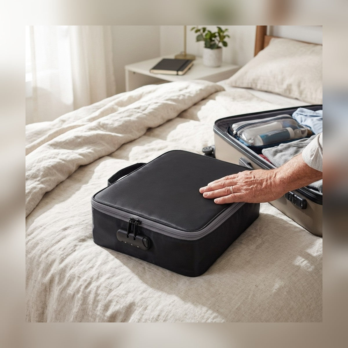 Lockable Document Case on a bed next to a suitcase being packed for a trip