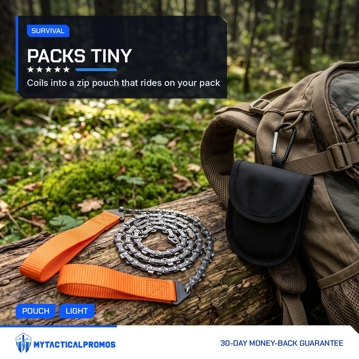 Pocket Chain Saw coiled on a log beside its pouch and a backpack