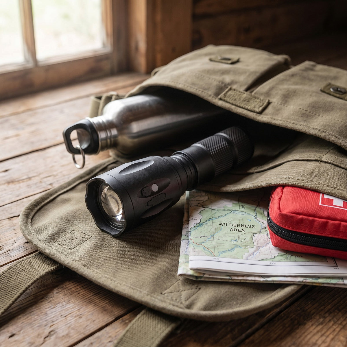 Powerbank Flashlight in a canvas bag with a water bottle, map and first aid pouch