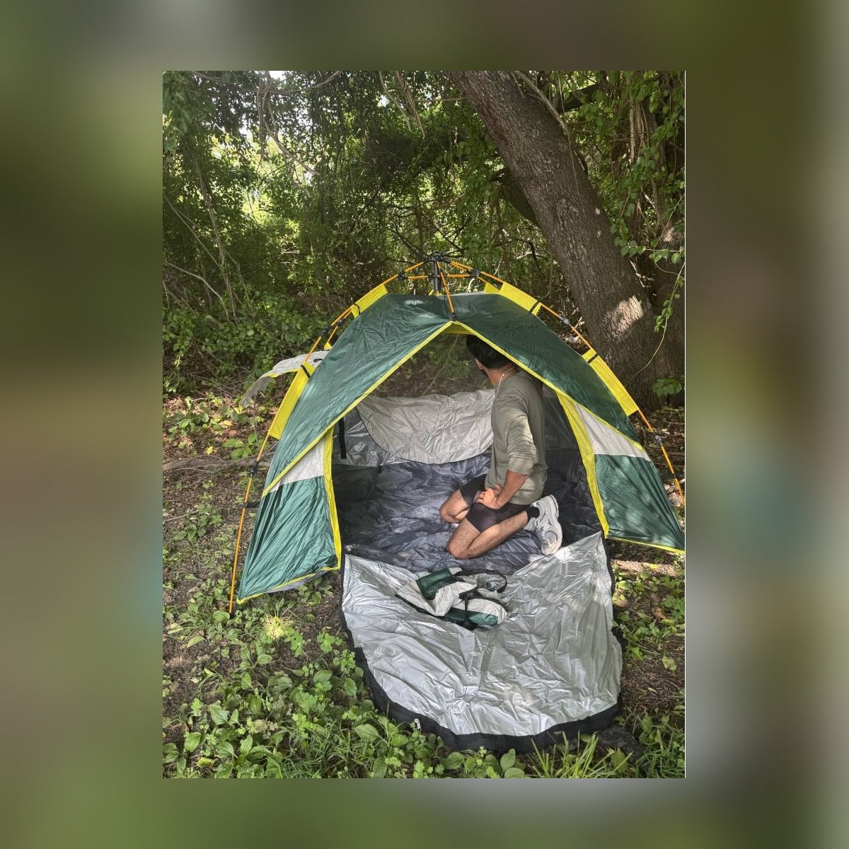 Quick Popup Tent pitched under trees in a backyard with the door rolled open