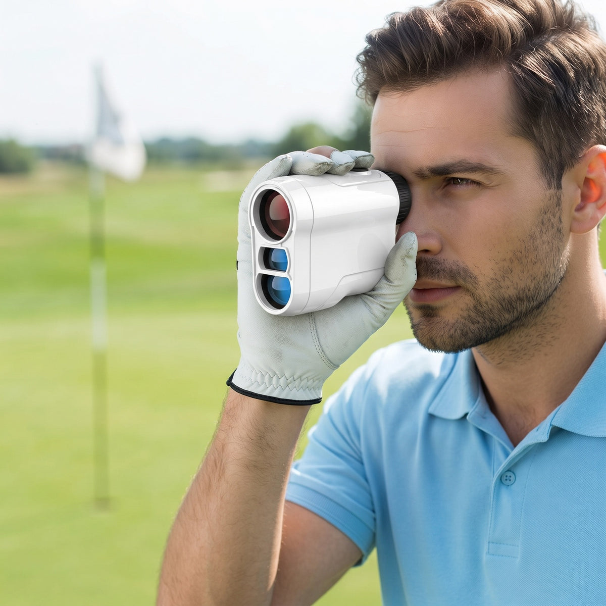 Gloved golfer sighting the flag with the Range Finder