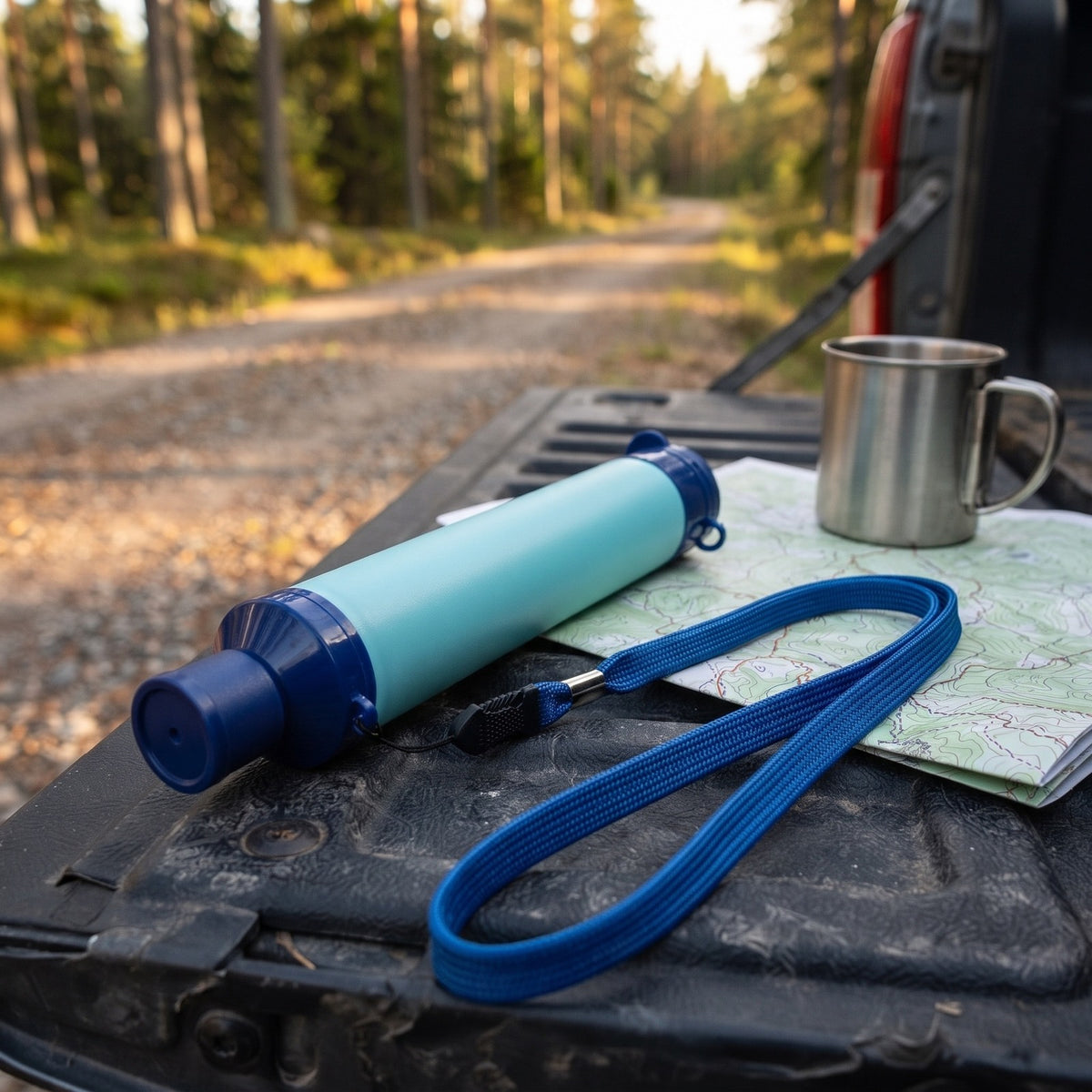 Water Filter Straw on a pickup tailgate beside a map and a steel camp mug