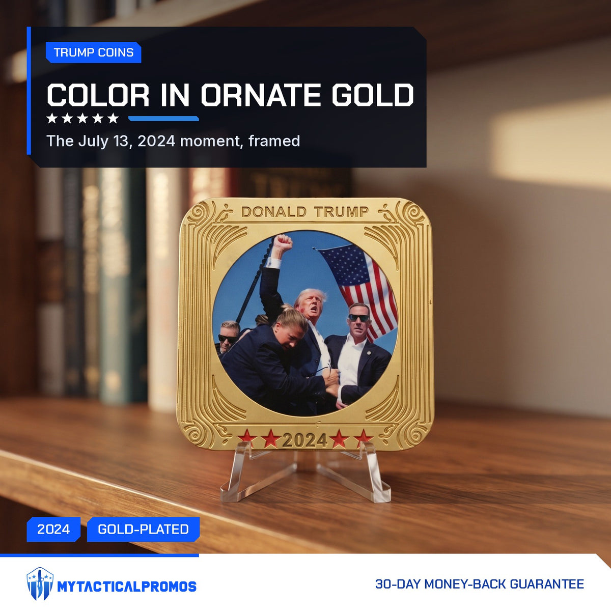 Trump July 13 Square Coin on a stand on a bookshelf