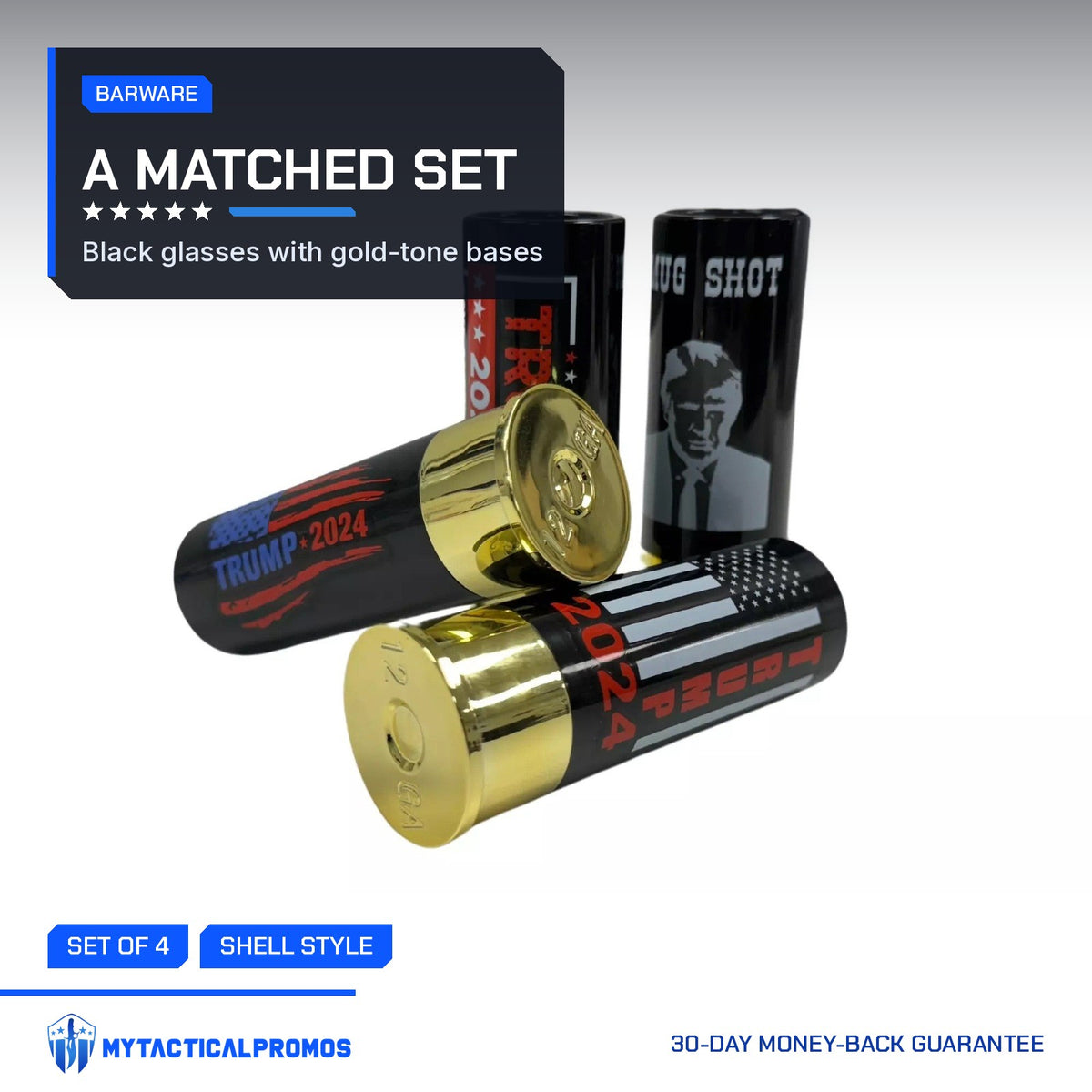 Trump Shot Glass Set, four shell-style glasses with gold-tone bases