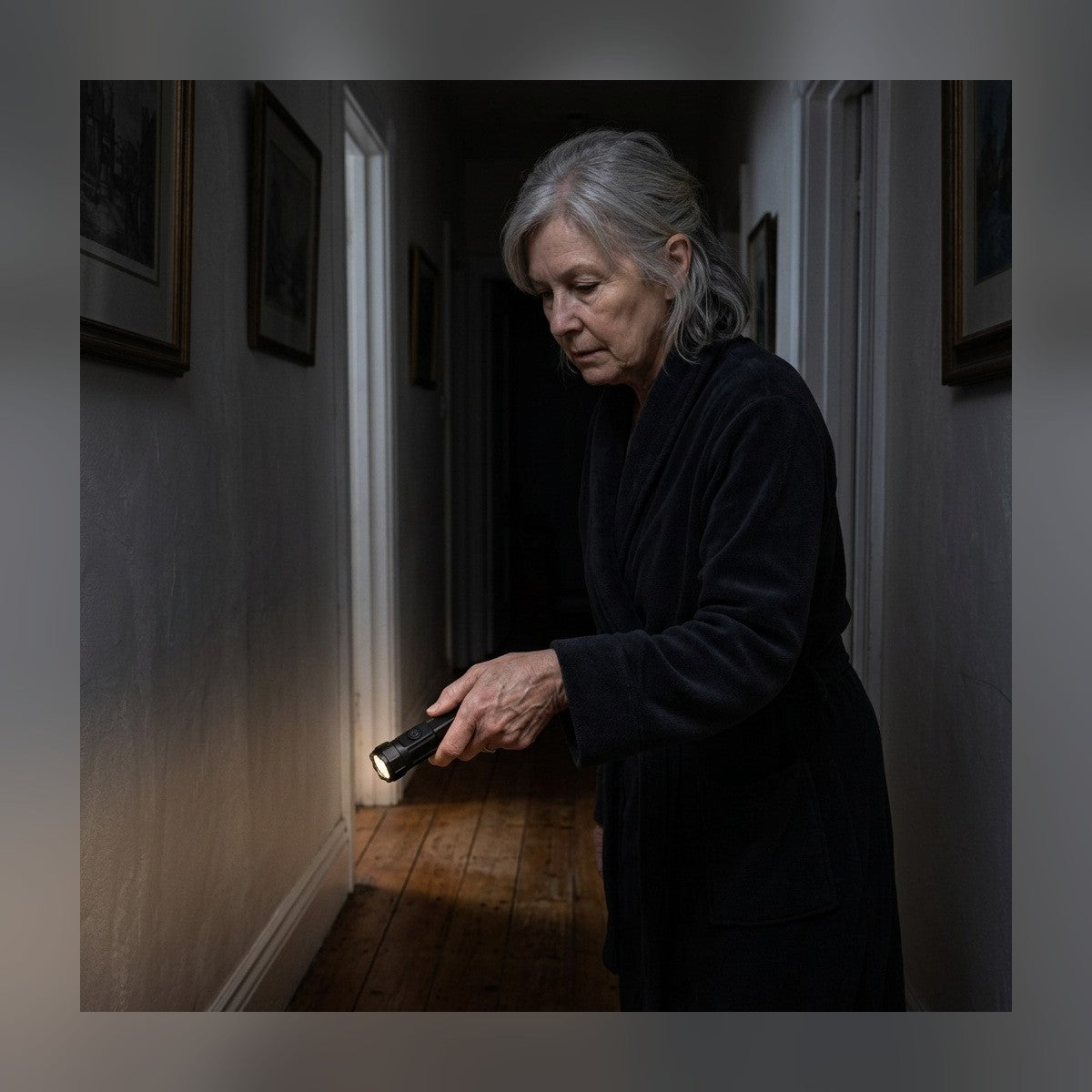 Woman lighting a dark hallway with the USB Flashlight during a power outage