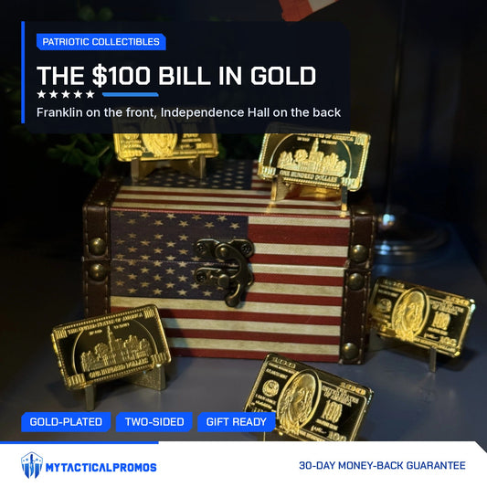 Ben Franklin $100 gold-plated bars on display stands around a flag-print chest
