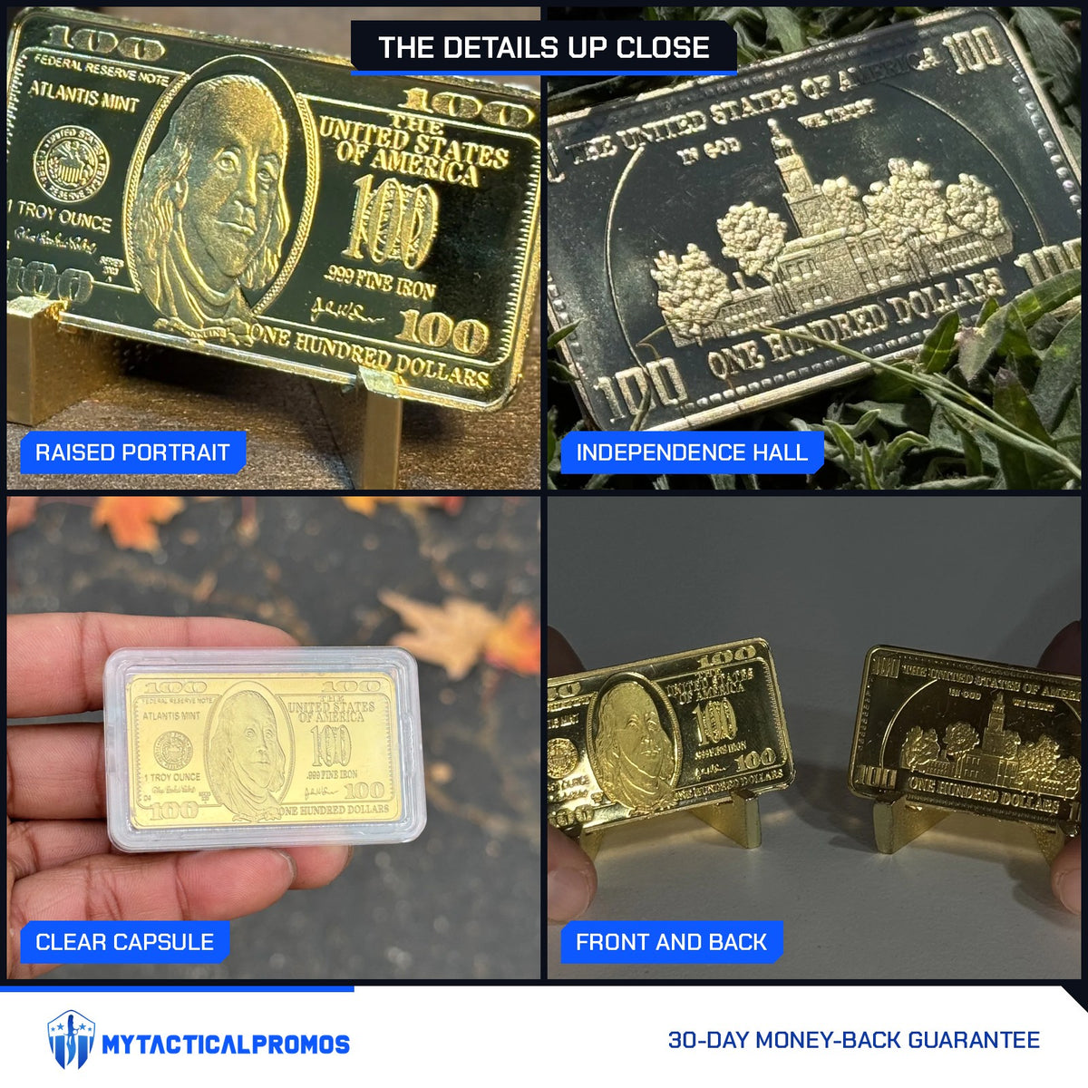 Ben Franklin $100 gold-plated bar close-ups: raised portrait, Independence Hall, clear capsule, front and back