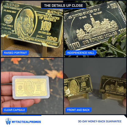 Ben Franklin $100 gold-plated bar close-ups: raised portrait, Independence Hall, clear capsule, front and back