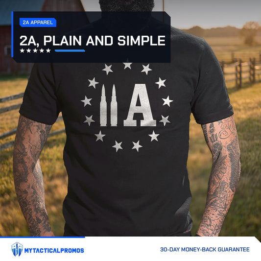2A Bullet T-Shirt worn by a man in front of a ranch fence at sunset