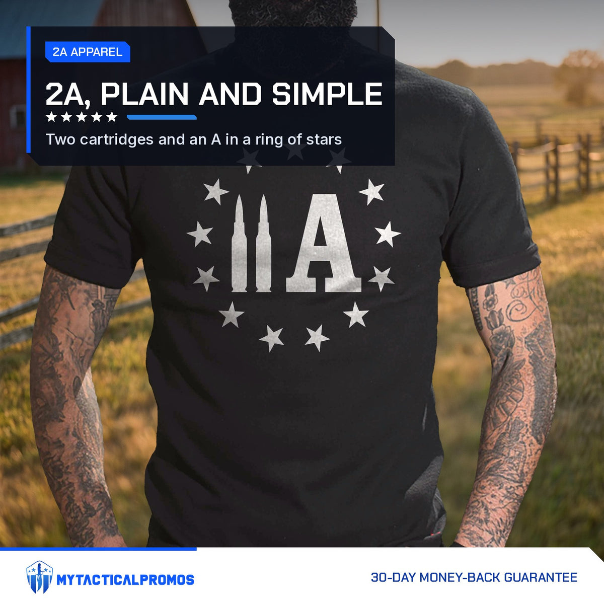 2A Bullet T-Shirt worn by a man by a ranch fence at golden hour