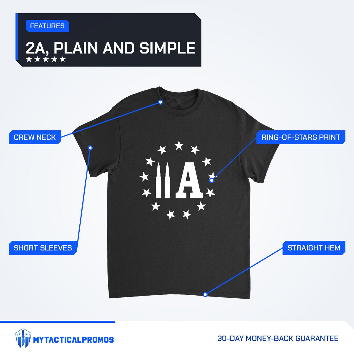 2A Bullet T-Shirt features labeled: crew neck, short sleeves, ring-of-stars print, straight hem