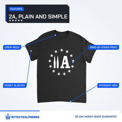 2A Bullet T-Shirt features labeled: crew neck, short sleeves, ring-of-stars print, straight hem
