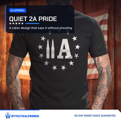 2A Bullet T-Shirt worn in front of a red barn wall with an American flag