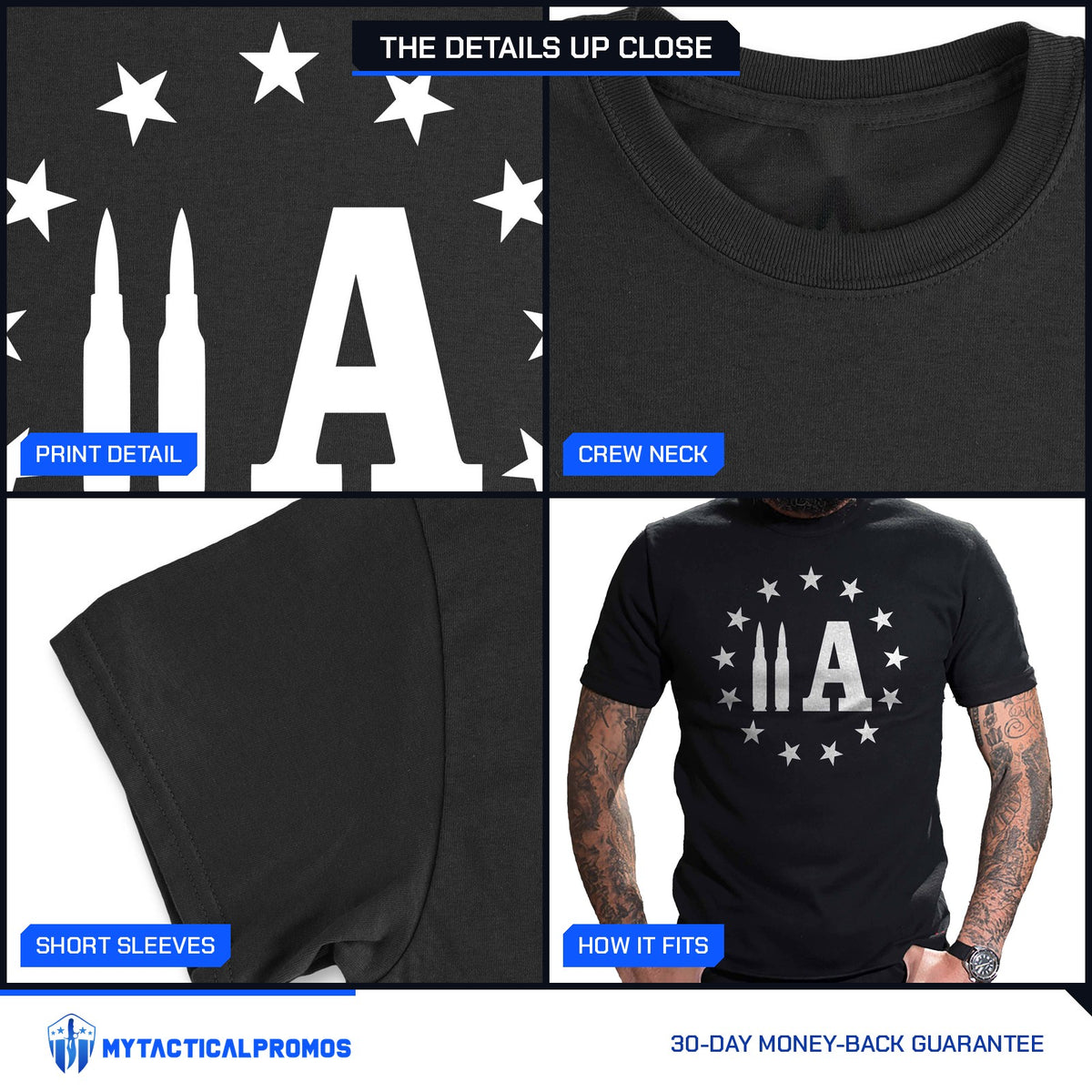 2A Bullet T-Shirt close-ups: print detail, crew neck collar, short sleeve, and how it fits