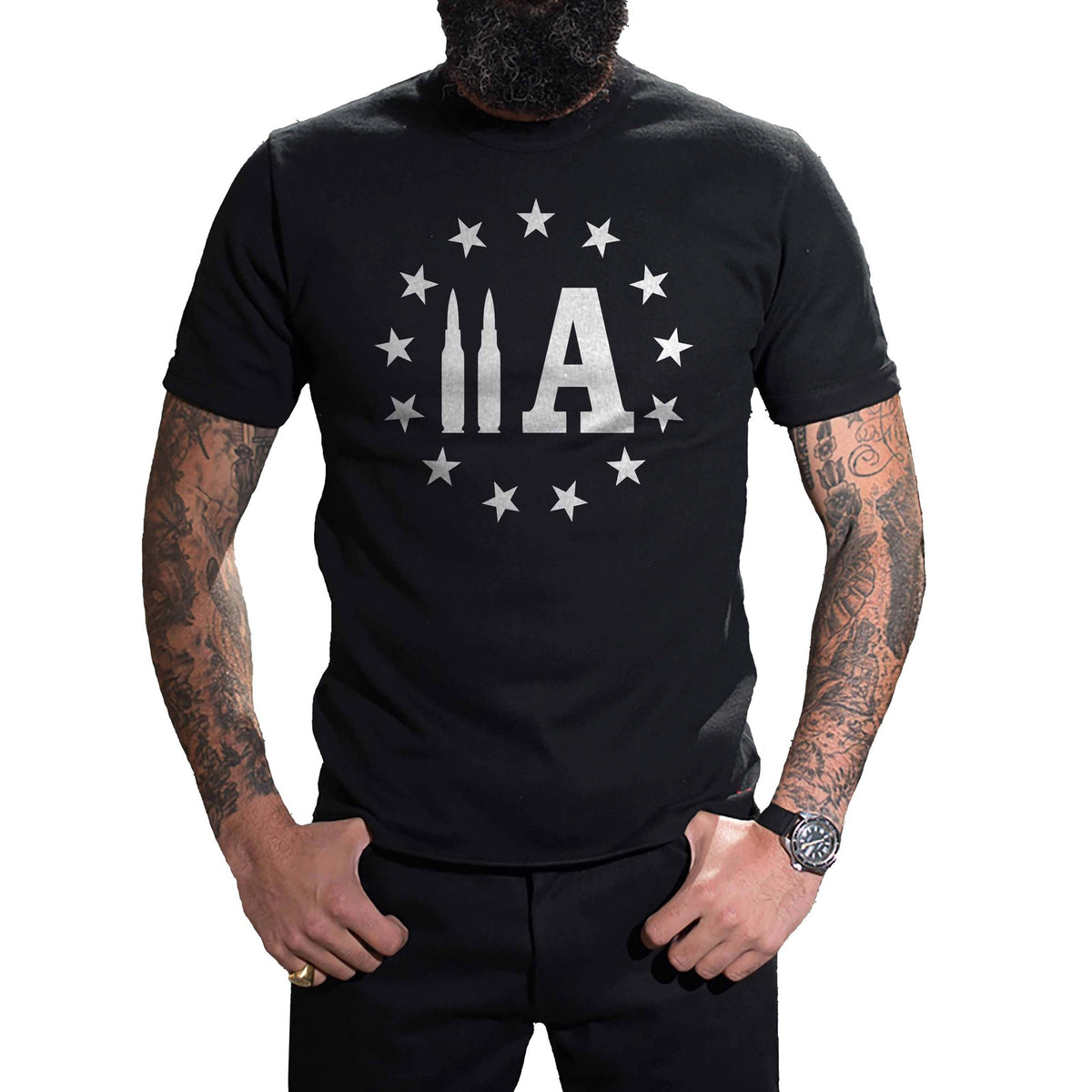 2A Bullet T-Shirt worn, front view on a plain white background