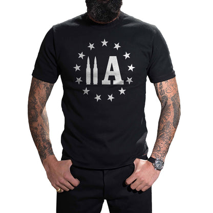 2A Bullet T-Shirt worn, front view on a plain white background