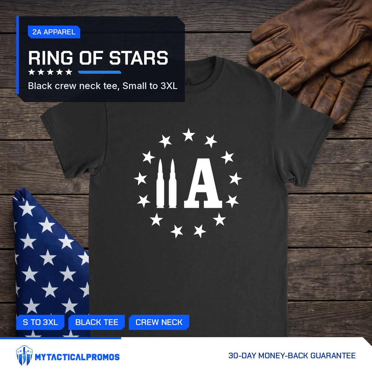 2A Bullet T-Shirt laid flat on a dark wood table with a folded flag