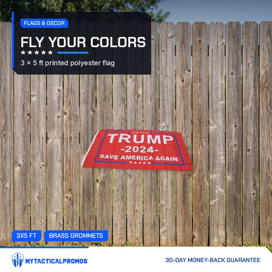 Trump 2024 Save America Again Flag hung on a backyard fence