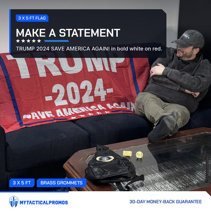 Trump 2024 Save America Again Flag spread across a living room sofa