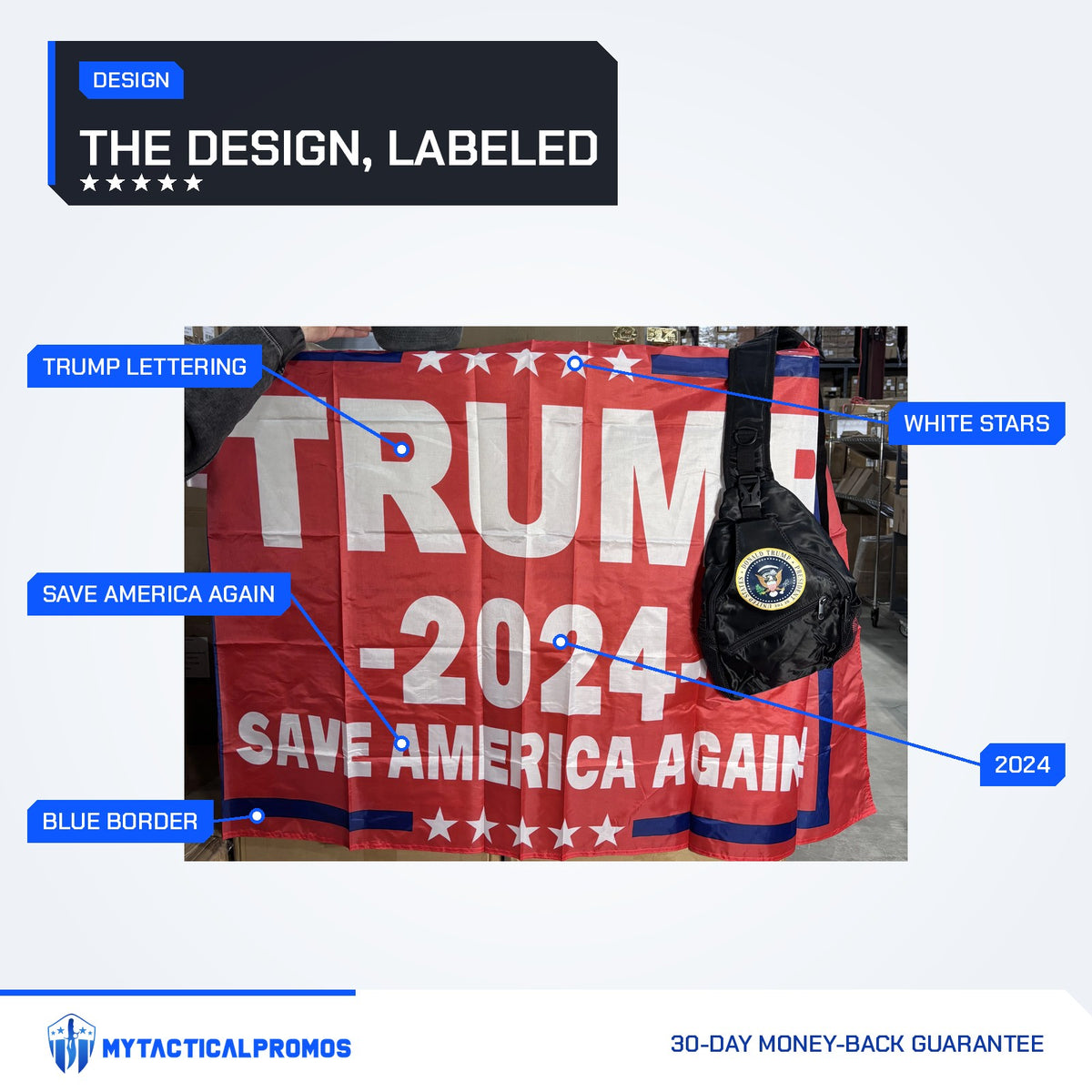 Trump 2024 Save America Again Flag features labeled: TRUMP lettering, white stars, 2024, Save America Again, blue border