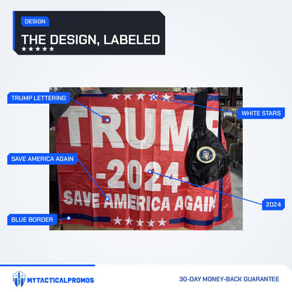 Trump 2024 Save America Again Flag features labeled: TRUMP lettering, white stars, 2024, Save America Again, blue border