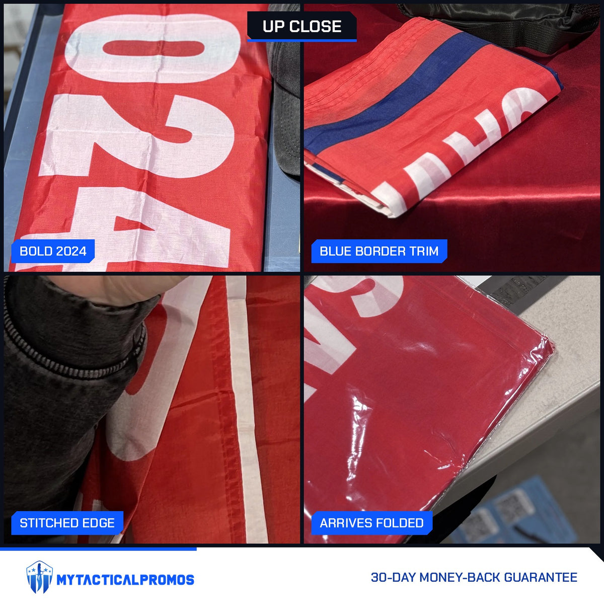 Trump 2024 Save America Again Flag close-ups: bold 2024 print, blue border trim, stitched edge, folded flag in its bag