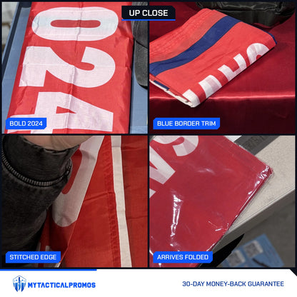 Trump 2024 Save America Again Flag close-ups: bold 2024 print, blue border trim, stitched edge, folded flag in its bag