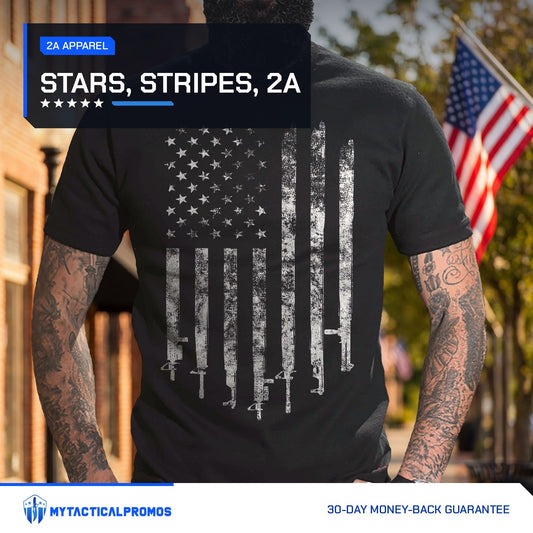 2A Flag T-Shirt worn by a man in front of a small-town main street lined with flags