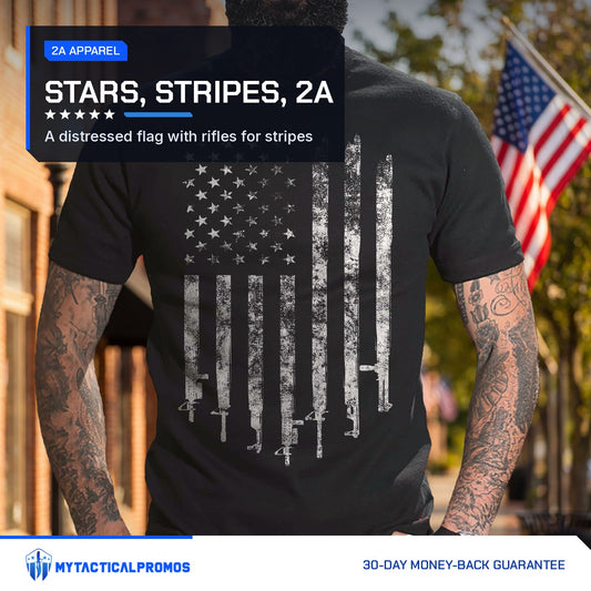 2A Flag T-Shirt worn by a man on a flag-lined main street
