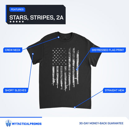 2A Flag T-Shirt features labeled: crew neck, short sleeves, distressed flag print, straight hem