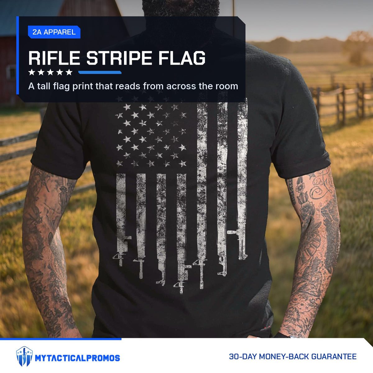 2A Flag T-Shirt worn by a ranch fence at golden hour