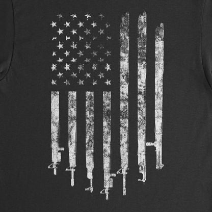 2A Flag T-Shirt close-up of the distressed rifle-stripe flag print