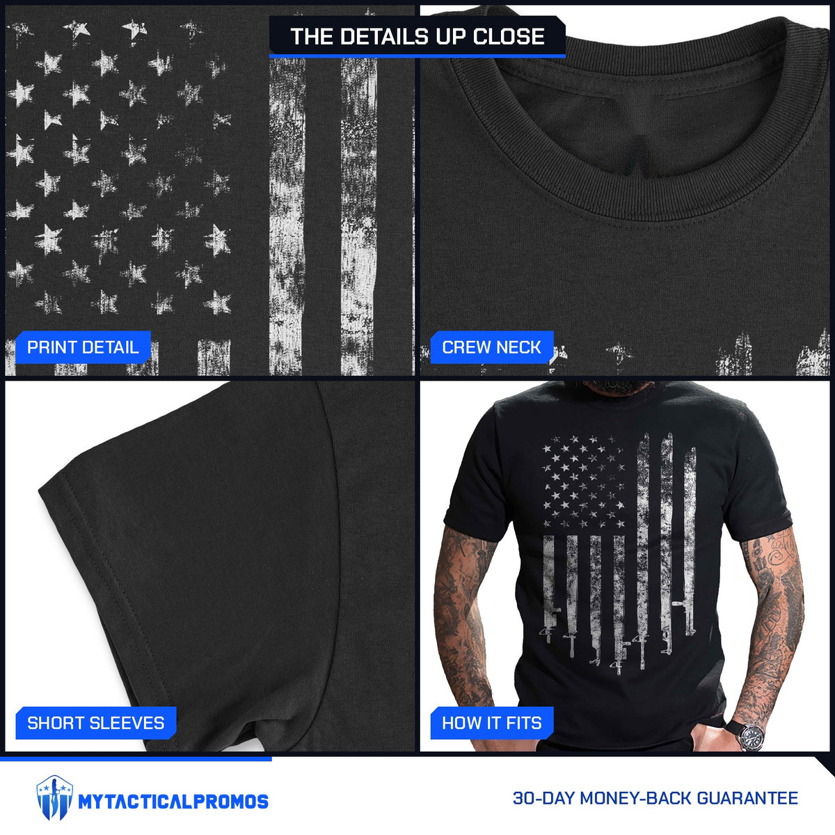 2A Flag T-Shirt close-ups: print detail, crew neck collar, short sleeve, and how it fits