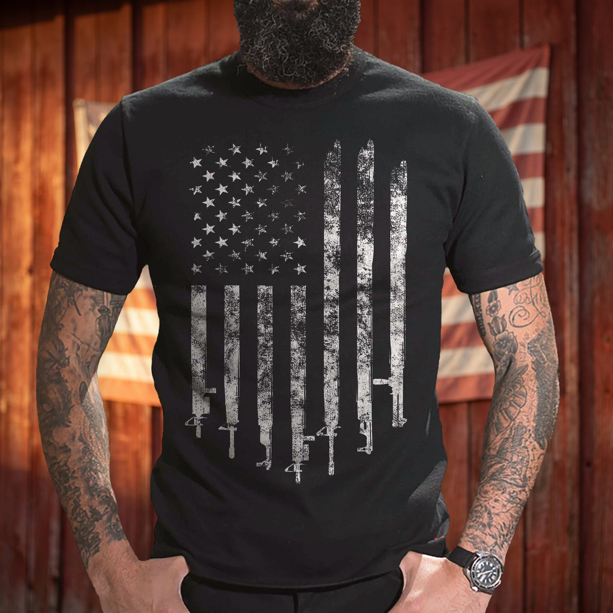 2A Flag T-Shirt worn in front of a red barn wall with an American flag