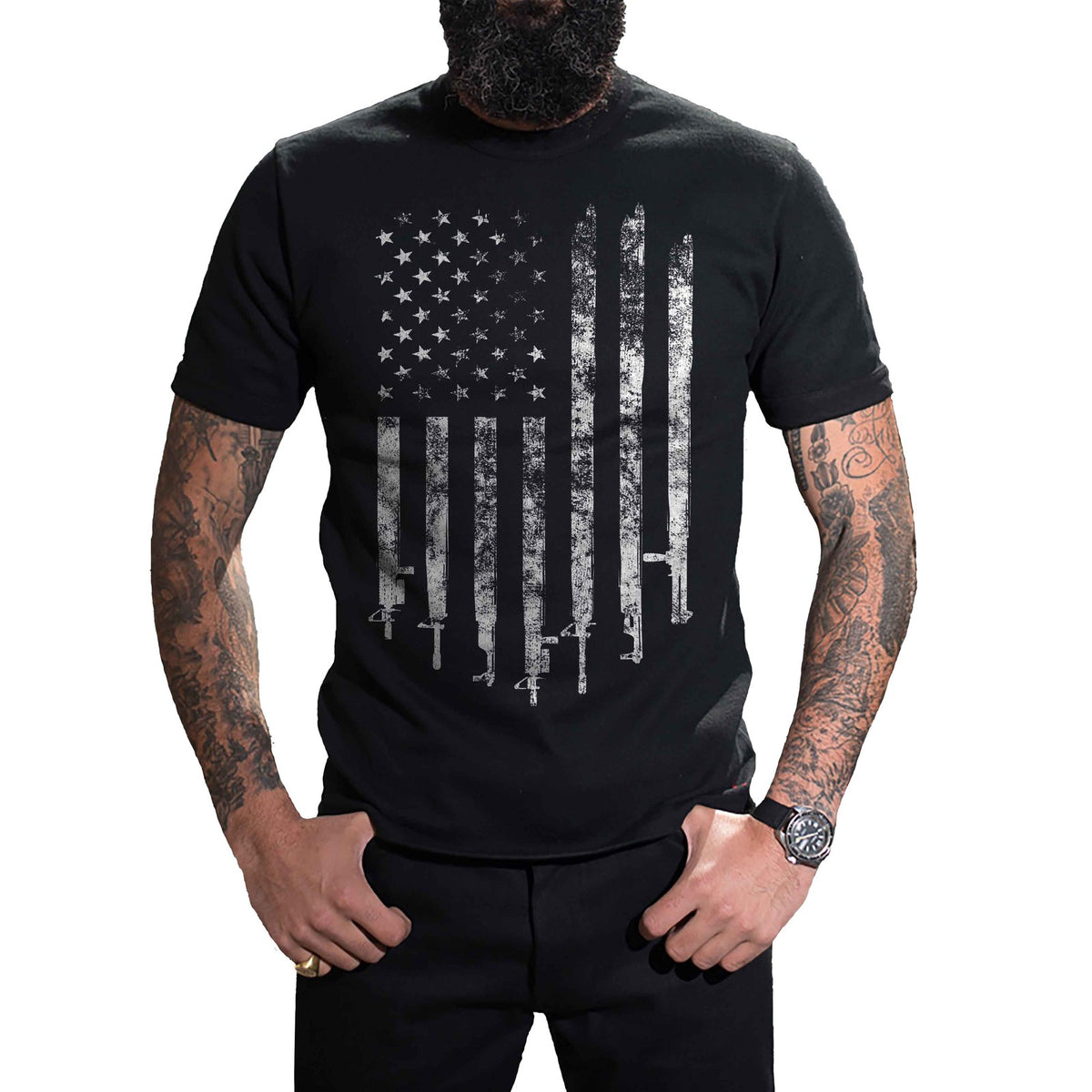 2A Flag T-Shirt worn, front view on a plain white background