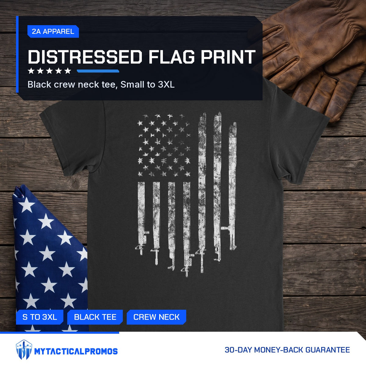 2A Flag T-Shirt laid flat on a dark wood table with a folded flag