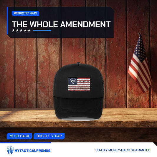 2nd Amendment Hat on a rustic wooden shelf with a small American flag
