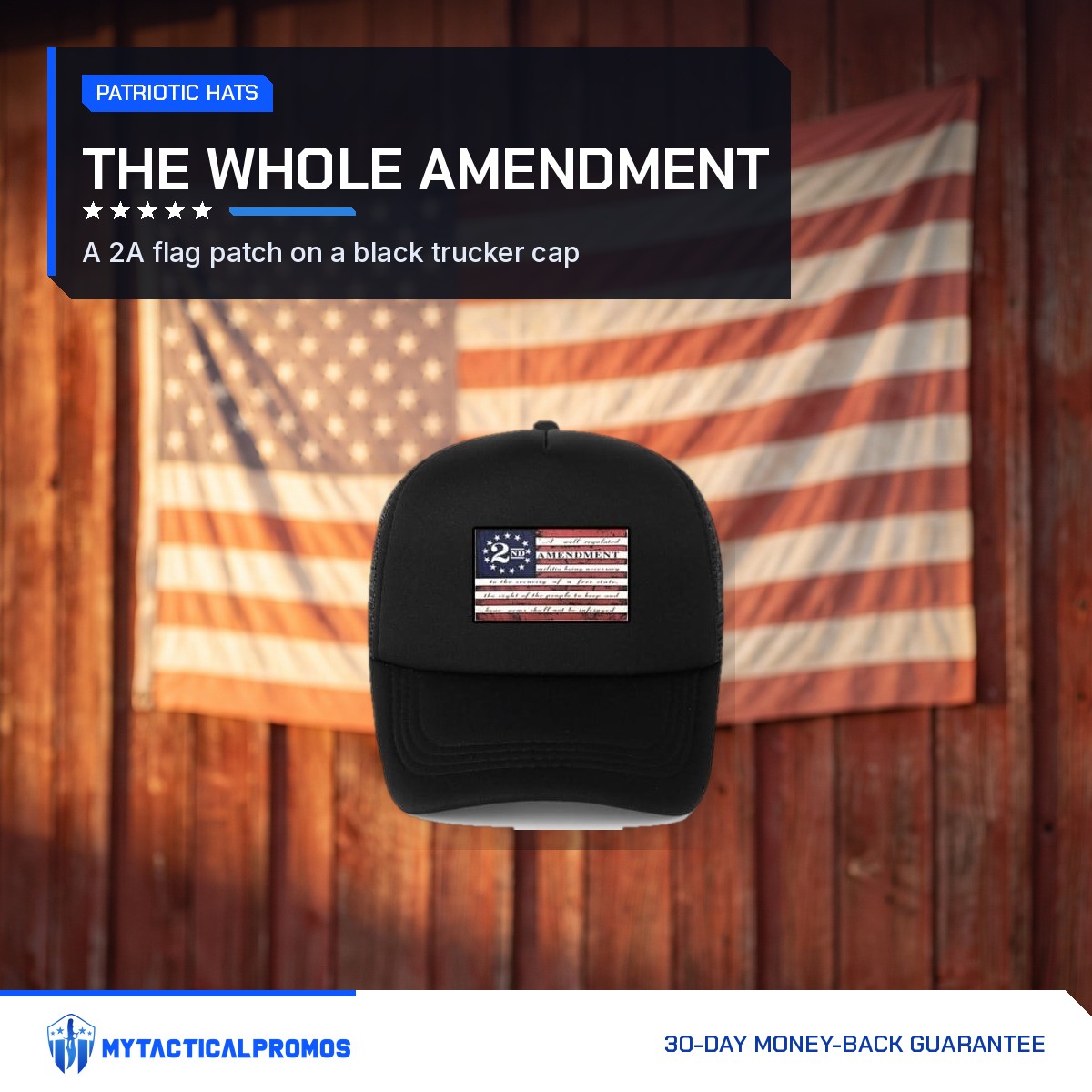 2nd Amendment Hat black trucker cap in front of an American flag on a barn wall