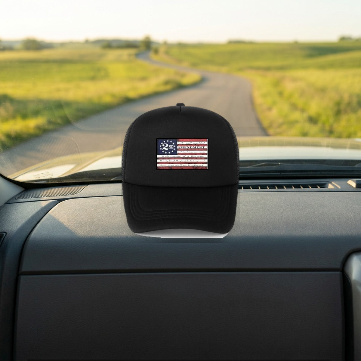 2nd Amendment Hat on a pickup truck dashboard