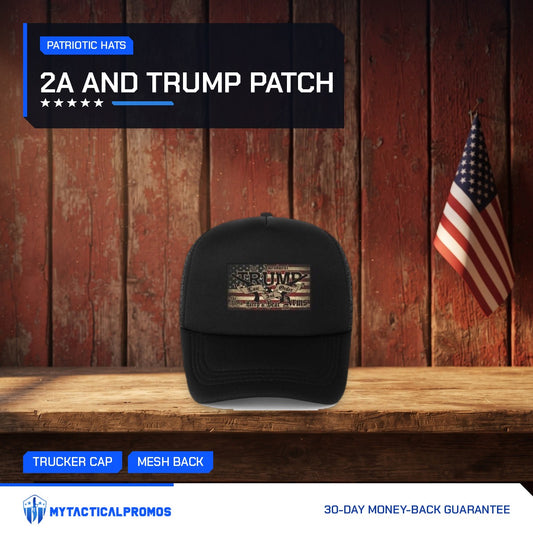 2nd Amendment Trump Hat on a rustic wooden shelf with a small American flag