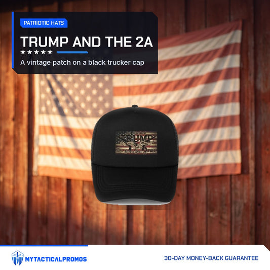 2nd Amendment Trump Hat black trucker cap in front of an American flag on a barn wall