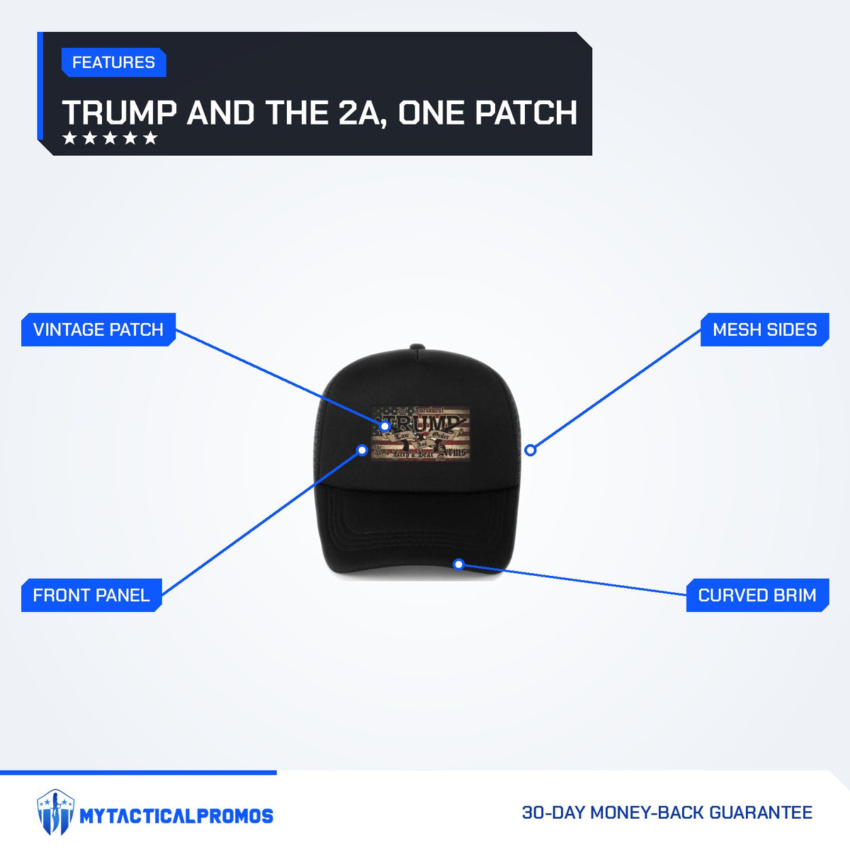 2nd Amendment Trump Hat features labeled: vintage patch, front panel, mesh sides, curved brim