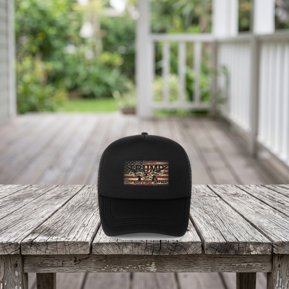 2nd Amendment Trump Hat on a weathered porch table