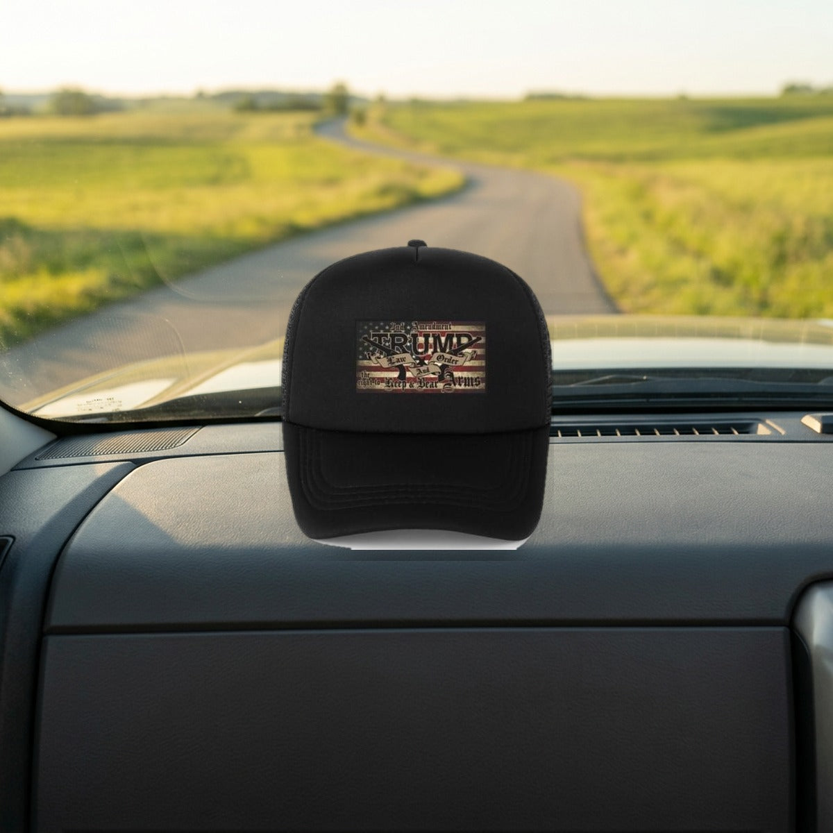2nd Amendment Trump Hat on a pickup truck dashboard